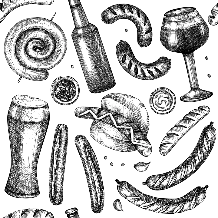 Oktoberfest background with grilled sausage and beer sketches. Hand-drawn fast food illustration. Barbeque party sketched design. German food seamless pattern. Fast food backdrop